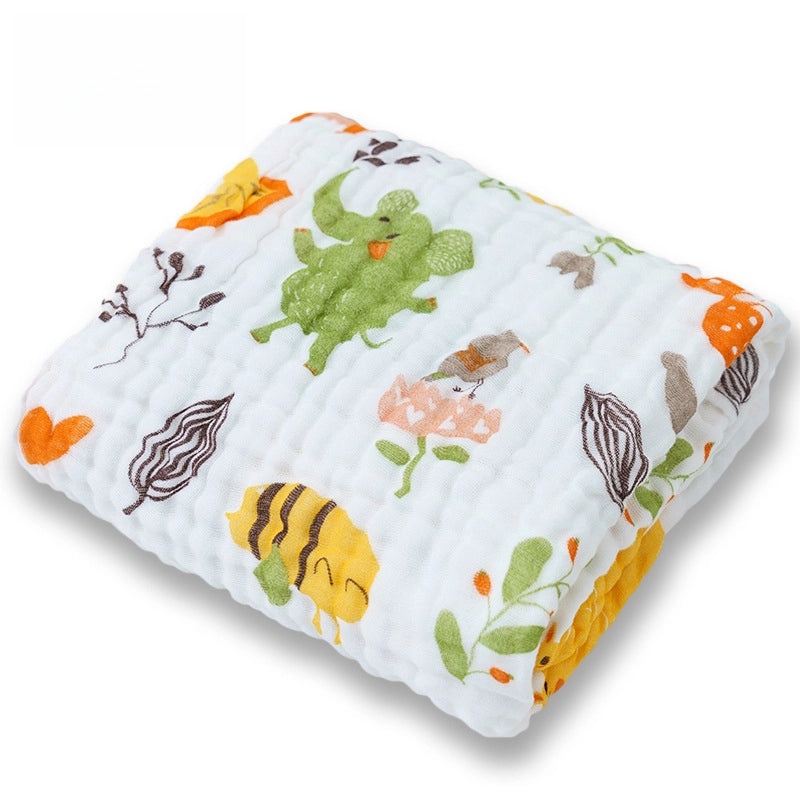 Children's Six-Layer Cotton Gauze Quilt Cartoon Printed Baby Bath Towel Soft Pleated Cover Blanket | Baby Bedding & Bath Essentials