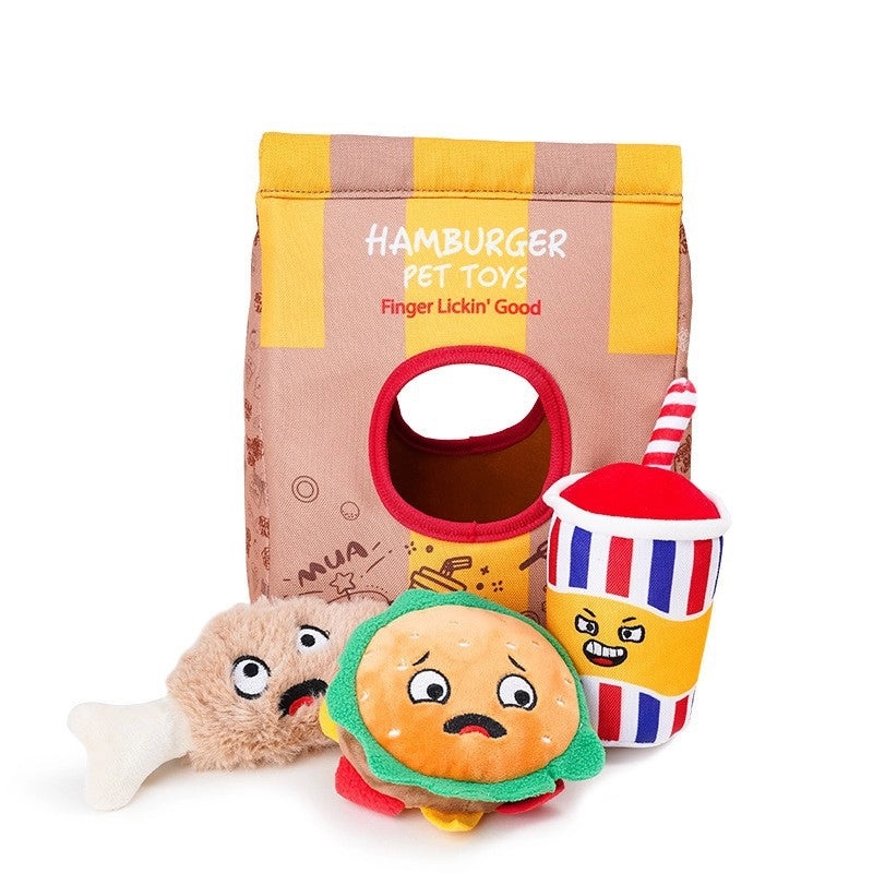 Plush Dog Toy with Sound and Smell, American Burger & Cheese Design, Interactive Pet Food Play Bag | Pet Toys