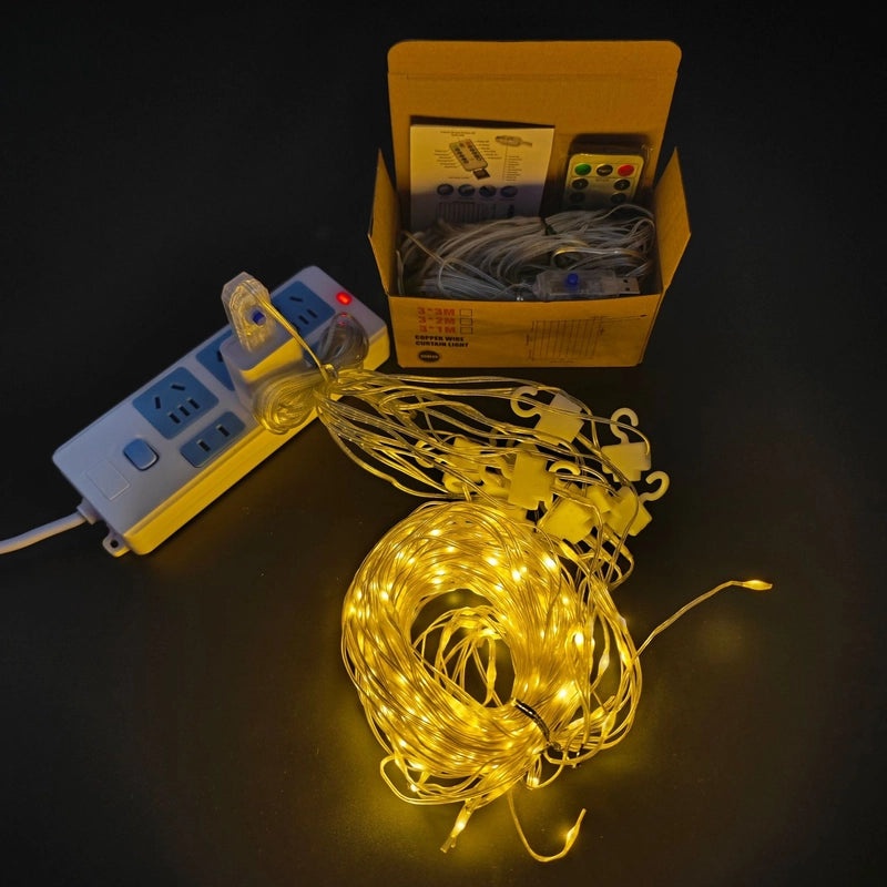 USB LED Copper Wire String Lights with Leather Cord 3x3 Curtain Lamp Remote Control Hook | Home & Garden Lighting
