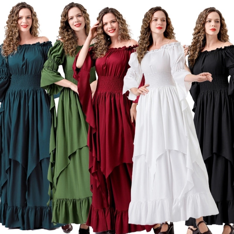 Halloween Medieval Renaissance Dress with Square Collar and Cinched Waist | Women's Vintage Costume & Stage Wear