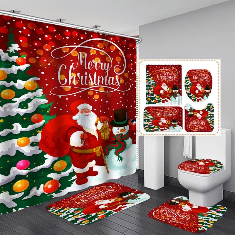 Cute Christmas House Shower Curtain with Santa Claus and Snowman Design|Home Decor & Bath Accessories