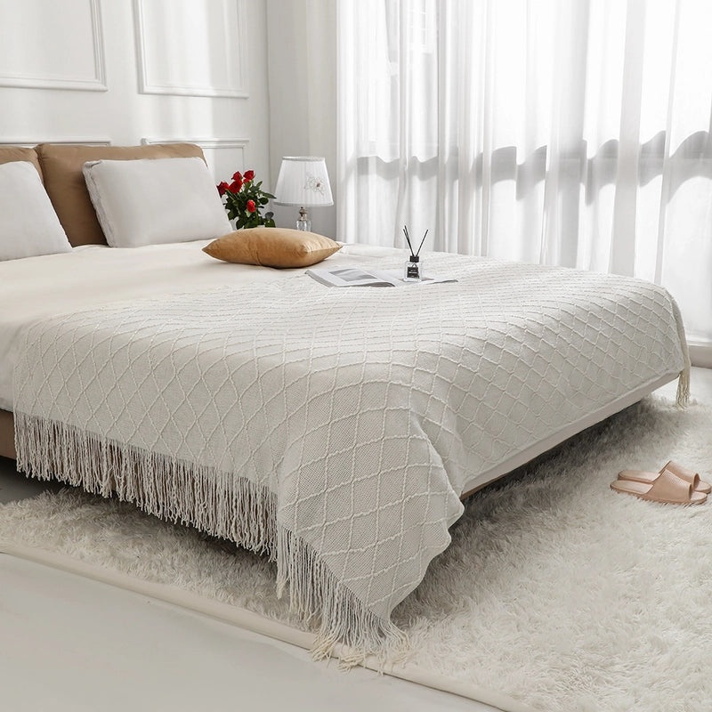 Nordic Tassel Sofa Throw Blanket Cozy Woven Bed Cover Pillowcase for Bedroom Homestay|Home Textiles & Throws