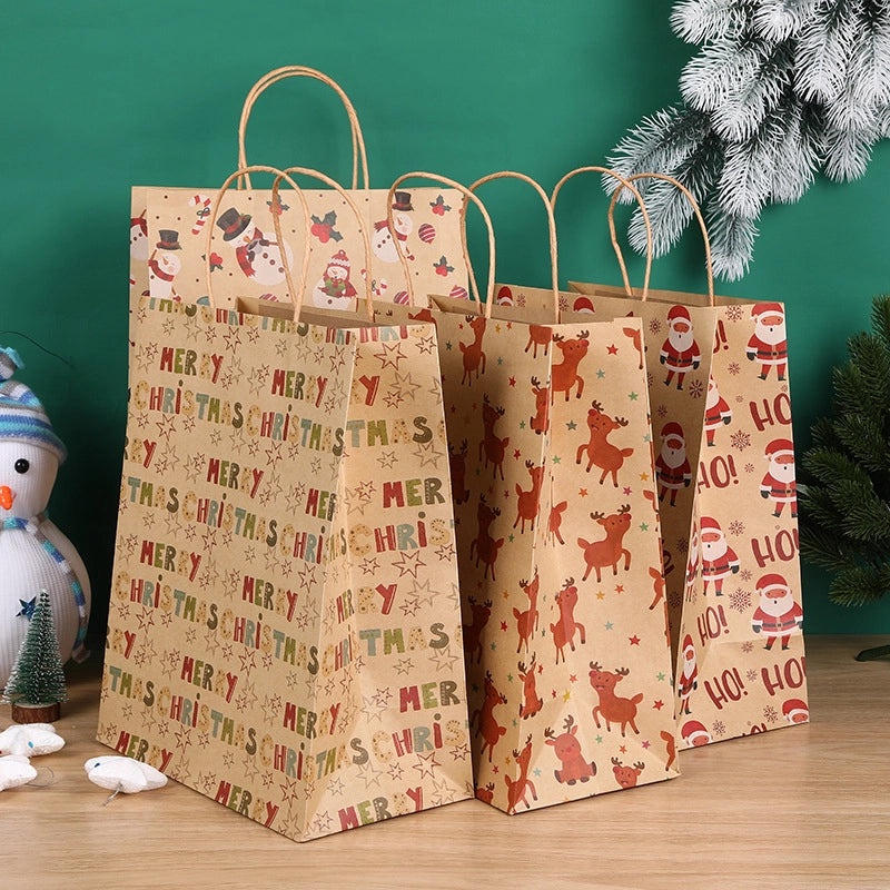 Christmas Kraft Paper Gift Bags Custom Logo Tote Packaging Bags for Gifts Advertising Take-out Use|Packaging & Storage