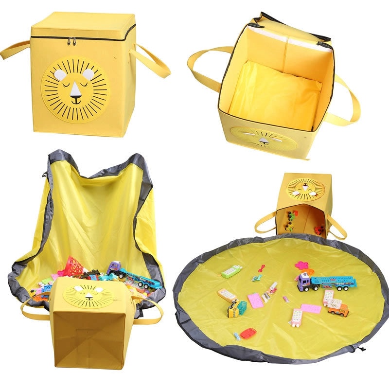 Square Fabric Storage Basket with Lid and Zipper Foldable Kids Waterproof Play Mat Organizer|Home Storage & Organization