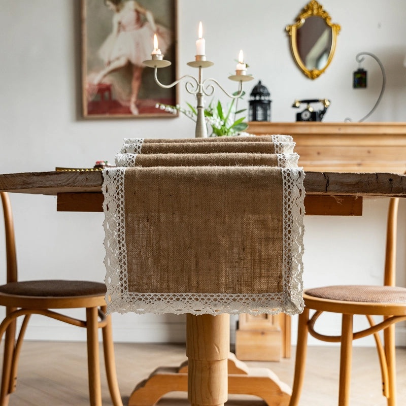Rustic Jute Table Runner with Lace Tassels for Wedding Party Decoration|Home Decor Table Linens