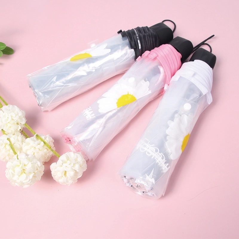 Small Daisy Automatic Folding Umbrella White Transparent Japanese Student Rain Sun Umbrella | Umbrellas & Rain Gear