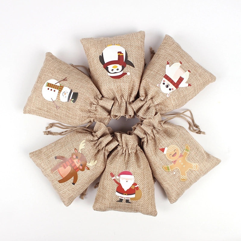 Colorful Christmas Linen Drawstring Gift Bags Cartoon Candy Pouch Set 24pcs | Holiday Gift Bags