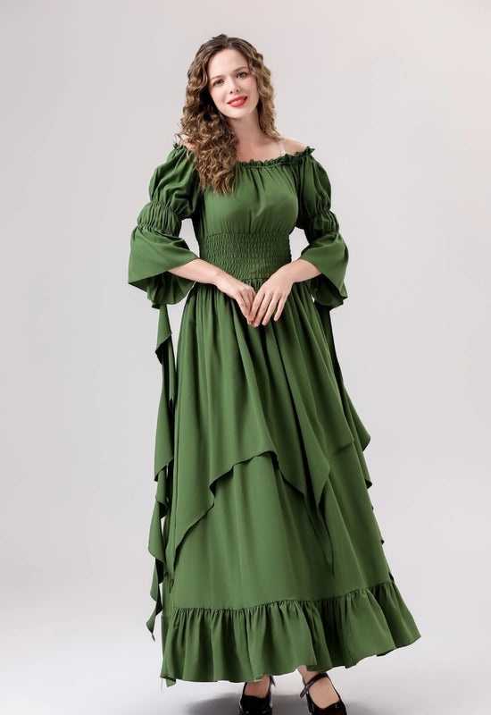 Halloween Medieval Renaissance Dress with Square Collar and Cinched Waist | Women's Vintage Costume & Stage Wear