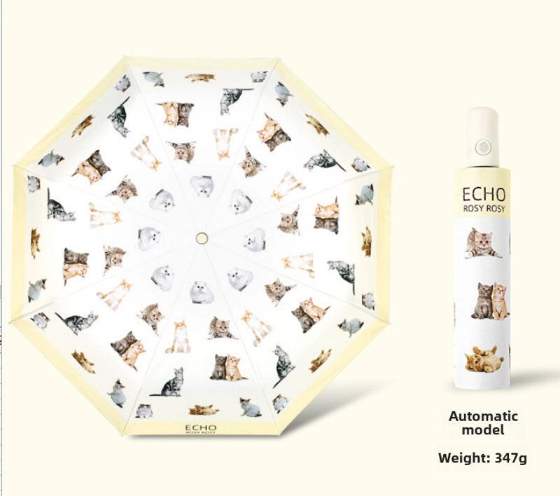 Cute Cat Folding Umbrella Dual-Use Auto Open Close Sun & UV Protection High-Grade Stylish Rain Shade|Umbrellas & Rain Gear