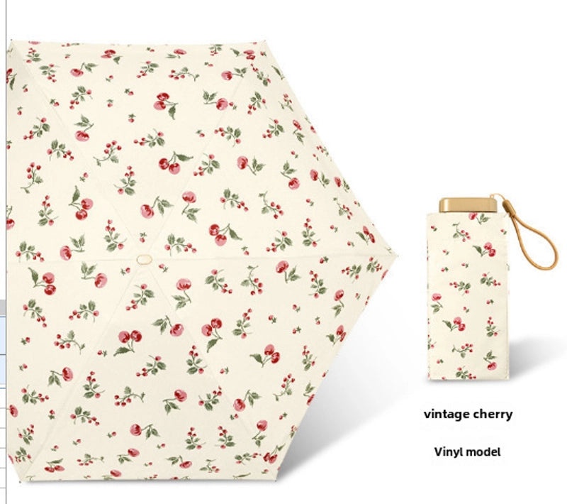 Vintage Cherry Print Folding Umbrella 60% UV Protection Dual-use Sun and Rain Shield|Sun Protection Umbrellas