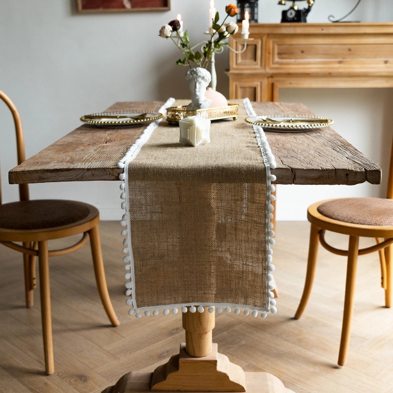 Rustic Jute Table Runner with Lace Tassels for Wedding Party Decoration|Home Decor Table Linens