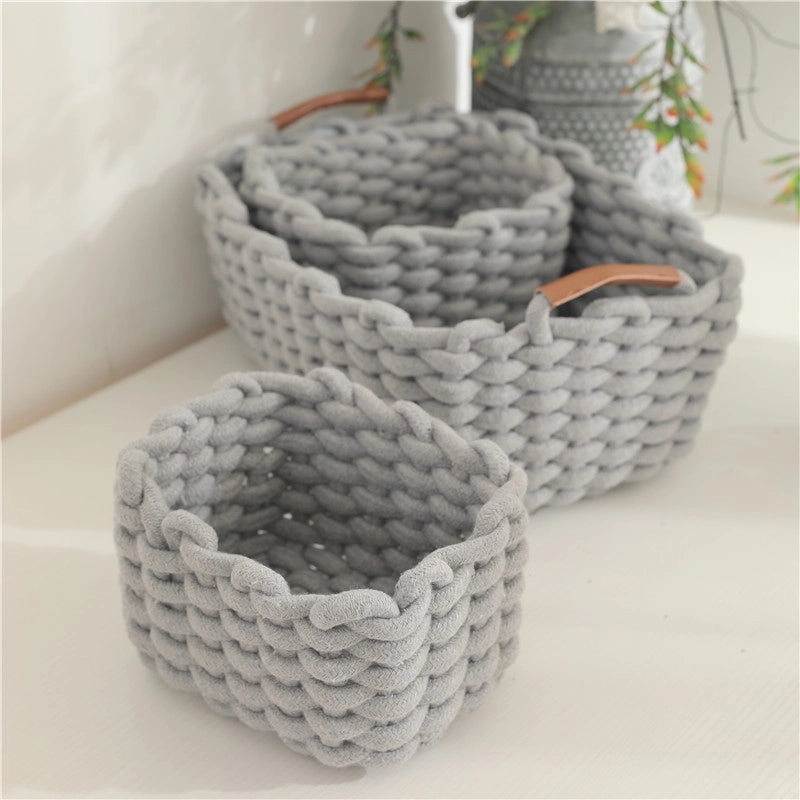 Cotton Rope Woven Storage Basket with Handle for Cosmetics and Desktop Organization | Home Storage & Organization