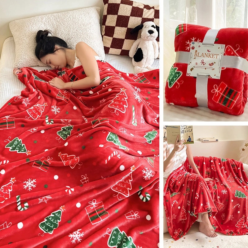 Cozy Cartoon Christmas Tree & Snowflake Polyester Throw Blanket for Couch Sofa Decor | Home & Living