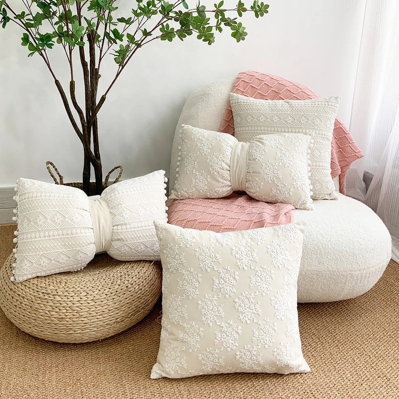 Korean Style Floral Cotton Linen Blend Throw Pillow Cover | Home Decor Pillows