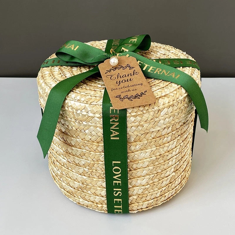 Handmade Round Straw Box with Lid | Rattan Gift Box for Wedding, Storage, Baking | Woven Hug Bucket | Home Decor Accessories|Storage Containers
