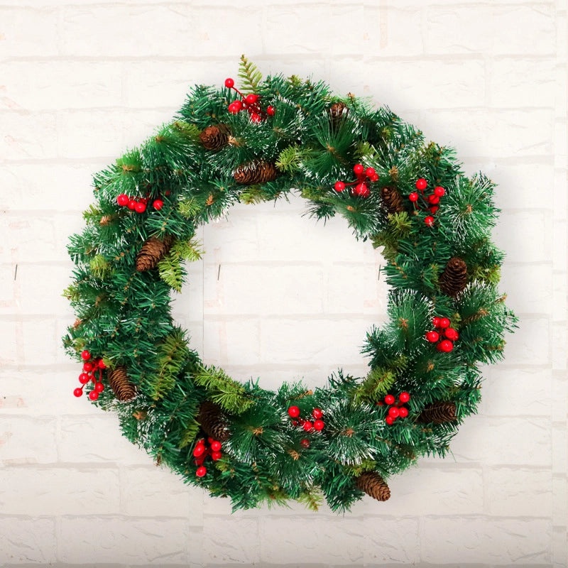 Festive Pine Needle Wreath with Red Berries and Green PVC Foliage | Christmas Decorations