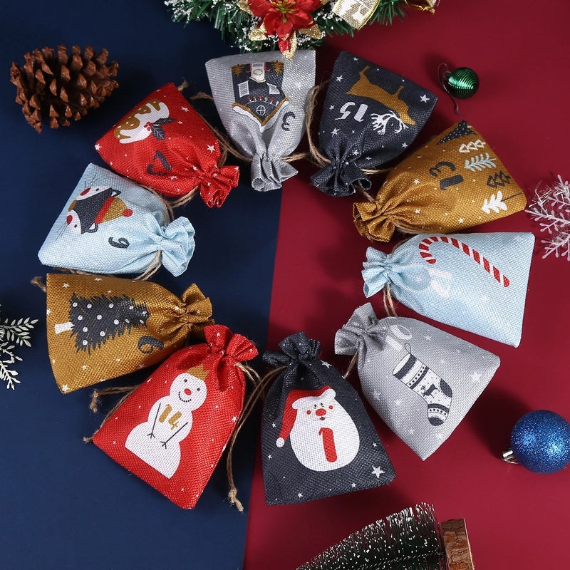 Colorful Christmas Linen Drawstring Gift Bags Cartoon Candy Pouch Set 24pcs | Holiday Gift Bags
