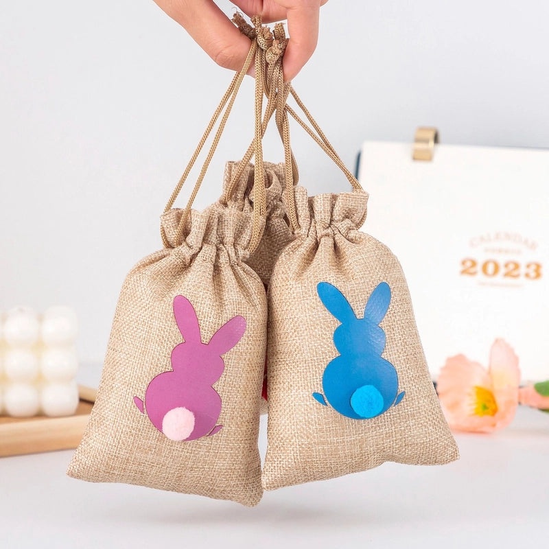 Easter Bunny Gift Bag Hemp Drawstring Storage with Printable Logo | Holiday Packaging Bags
