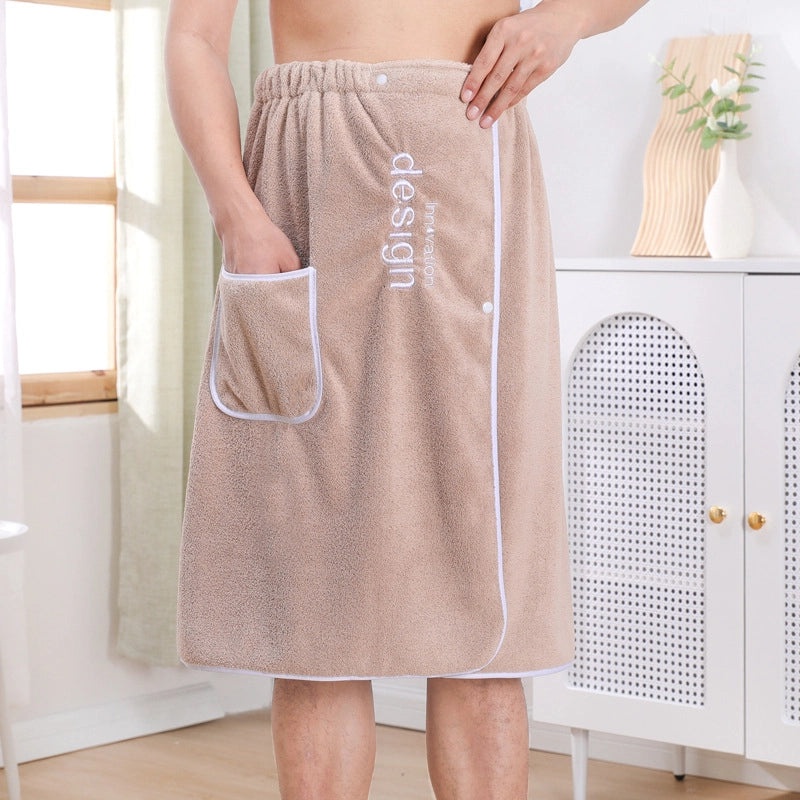 Men's Coral Fleece Bath Skirt Quick-Dry Thick Absorbent Wearable Bath Towel with Embroidery | Bath & Body Accessories