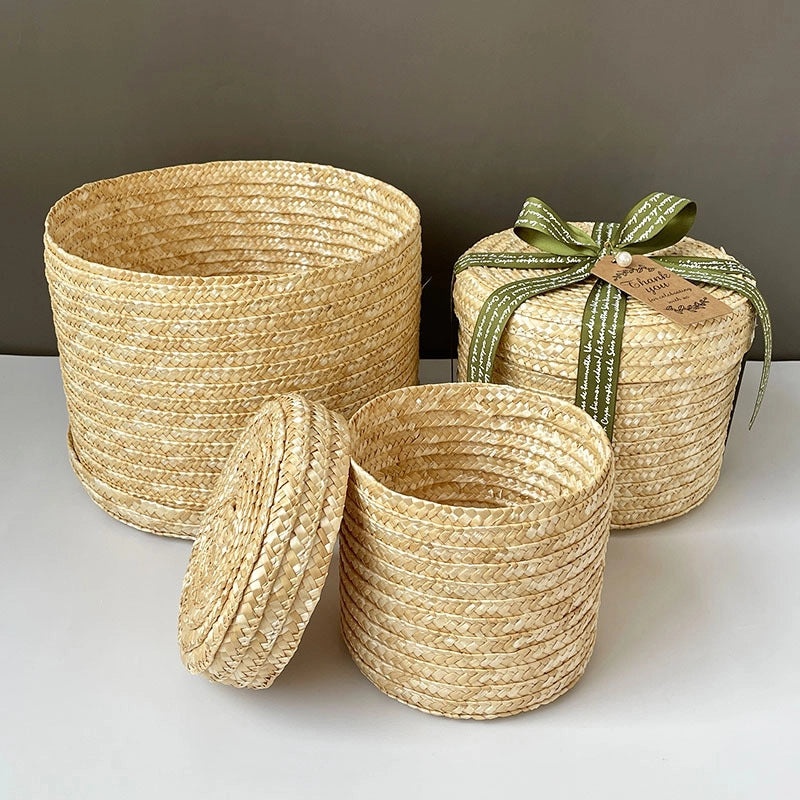 Handmade Round Straw Box with Lid | Rattan Gift Box for Wedding, Storage, Baking | Woven Hug Bucket | Home Decor Accessories|Storage Containers