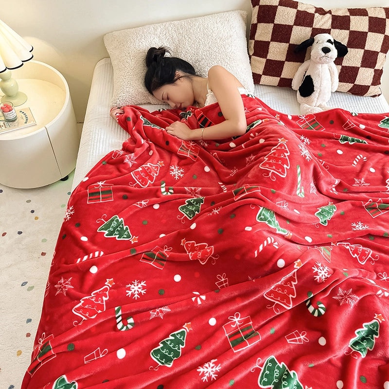 Cozy Cartoon Christmas Tree & Snowflake Polyester Throw Blanket for Couch Sofa Decor | Home & Living