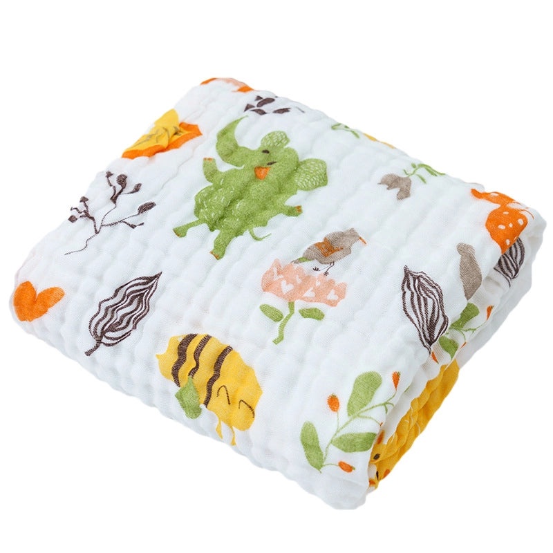 Children's Six-Layer Cotton Gauze Quilt Cartoon Printed Baby Bath Towel Soft Pleated Cover Blanket | Baby Bedding & Bath Essentials