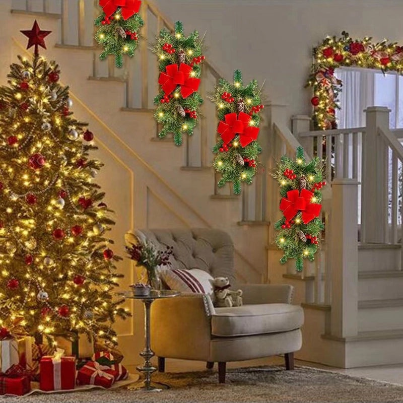 Christmas Red Rattan Bow Garland with LED Pine Cones for Staircase Decoration | Holiday Decorations