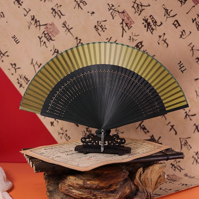 Ancient Style Summer Folding Fan Gradient Yellow Bamboo Silk Cloth Chinese Fan for Men and Women|Accessories & Jewelry