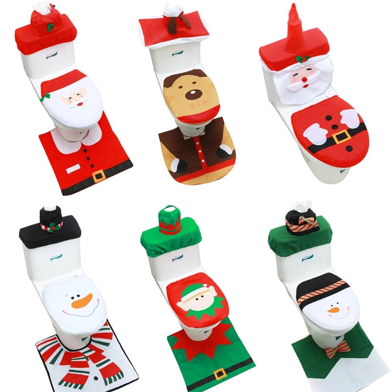 Christmas Toilet Cover Set Santa Snowman Reindeer 3-Piece Toilet Seat Lid Floor Mat Water Tank Tissue Cover|Home Decor