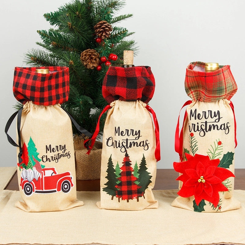 Christmas Wine Bottle Cover Linen Plaid Bag Holiday Home Decor Festive Family Atmosphere | Home Decorations