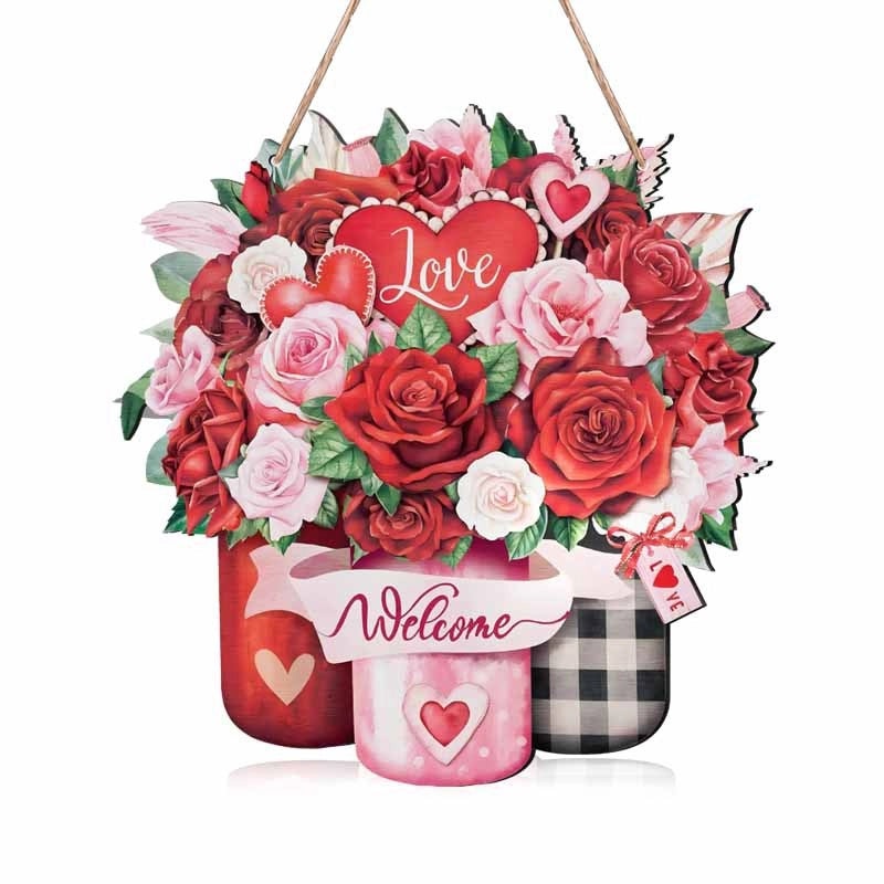 Romantic Heart-Shaped Rose Wood Hanging Ornament for Valentine's Day Decoration|Home Decor & Ornaments