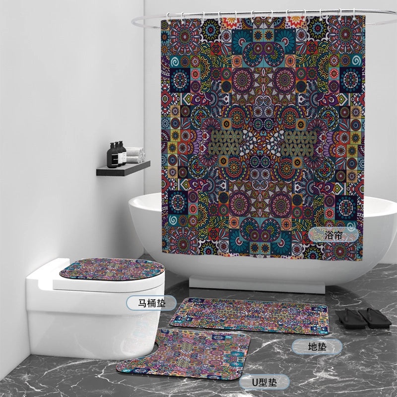 Digital Printed Geometric Round Waterproof Polyester Bathroom Shower Curtain Set of 4 | Home & Bathroom Accessories