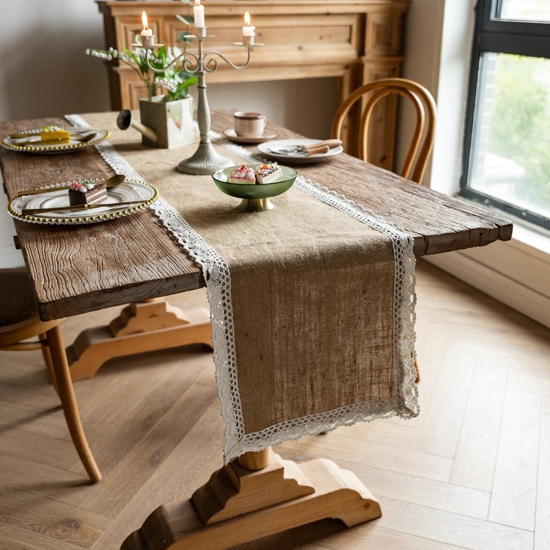 Rustic Jute Table Runner with Lace Tassels for Wedding Party Decoration|Home Decor Table Linens