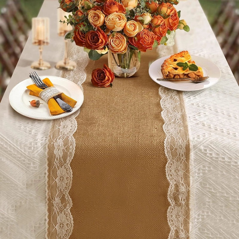 Rustic Jute Table Runner with Lace Tassels for Wedding Party Decoration|Home Decor Table Linens