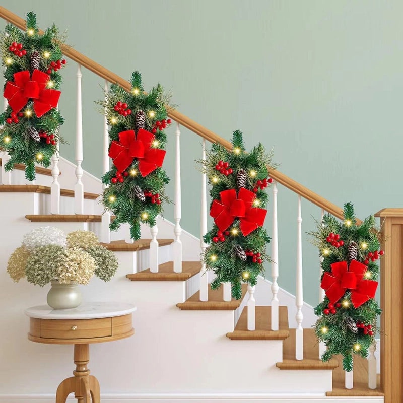 Christmas Red Rattan Bow Garland with LED Pine Cones for Staircase Decoration | Holiday Decorations