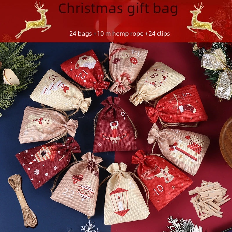 Colorful Christmas Linen Drawstring Gift Bags Cartoon Candy Pouch Set 24pcs | Holiday Gift Bags