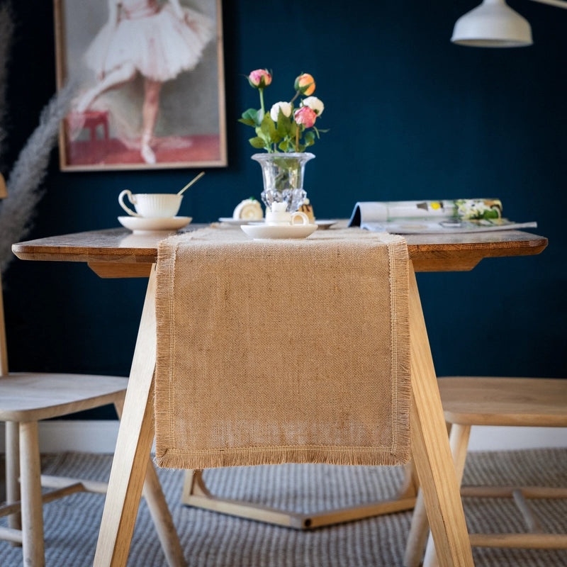 Rustic Jute Table Runner with Lace Tassels for Wedding Party Decoration|Home Decor Table Linens