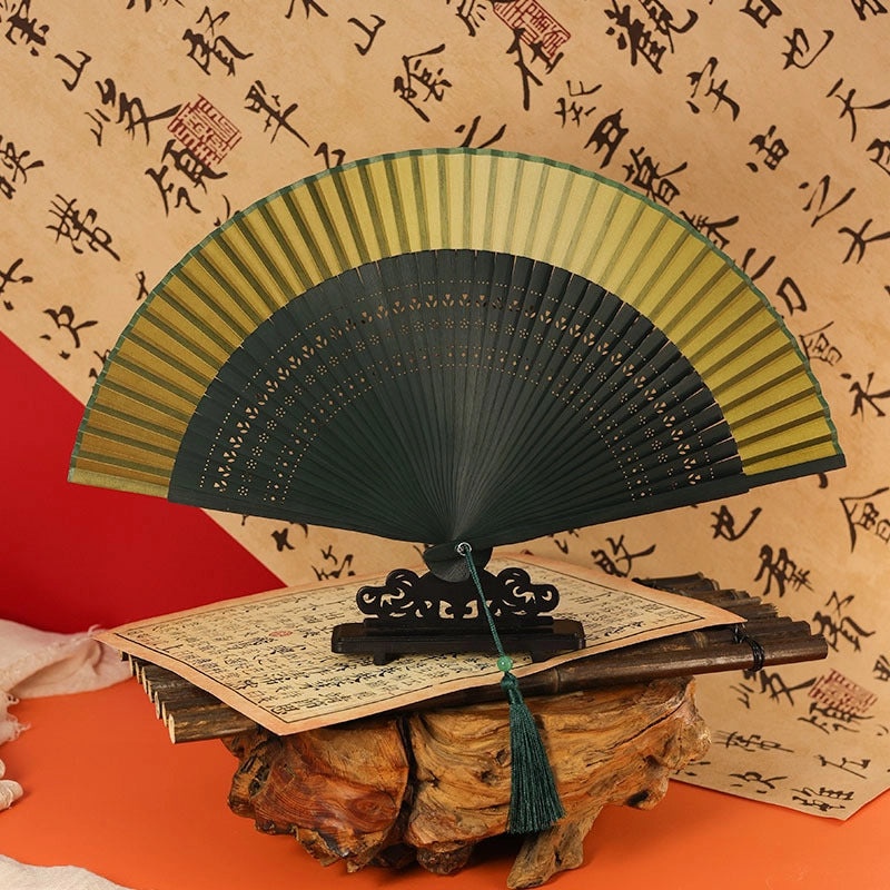 Ancient Style Summer Folding Fan Gradient Yellow Bamboo Silk Cloth Chinese Fan for Men and Women|Accessories & Jewelry