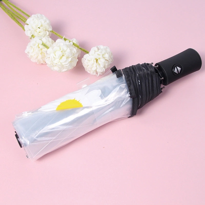 Small Daisy Automatic Folding Umbrella White Transparent Japanese Student Rain Sun Umbrella | Umbrellas & Rain Gear