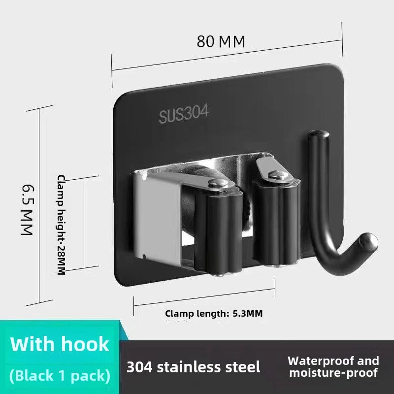 Strong Adhesive Stainless Steel Mop Holder Wall-Mounted Broom Hook Non-Perforated Toilet Storage Clip|Home Organization