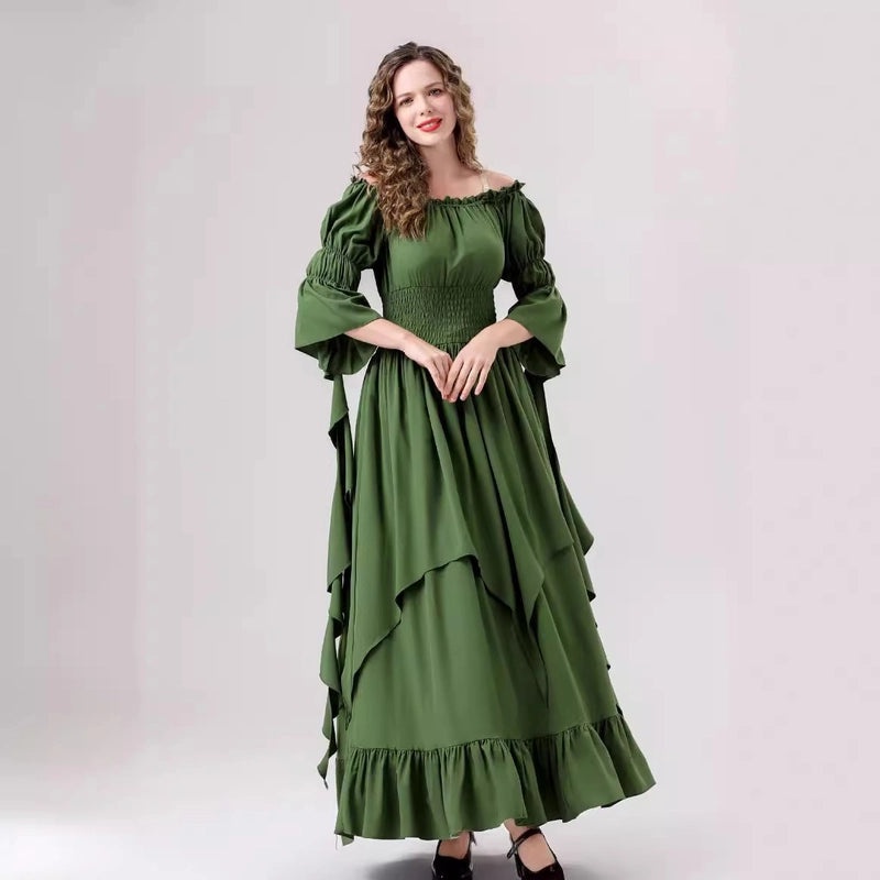 Halloween Medieval Renaissance Dress with Square Collar and Cinched Waist | Women's Vintage Costume & Stage Wear