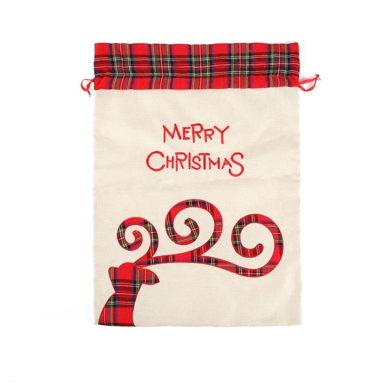 Linen Elk Christmas Drawstring Gift Bag Tote with Pocket | Christmas Gift Bags
