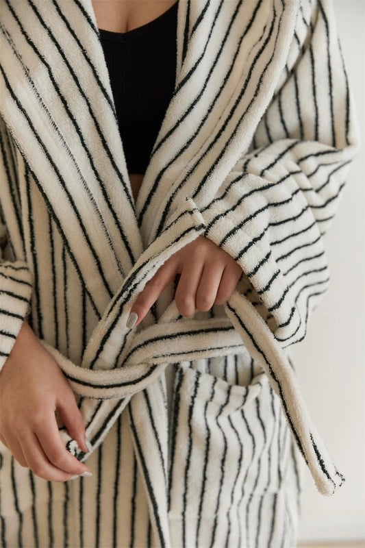 Simple Pinstripe Hooded Bathrobe for Adults Couples Comfortable Home and Hotel Wear|Bathrobes & Loungewear