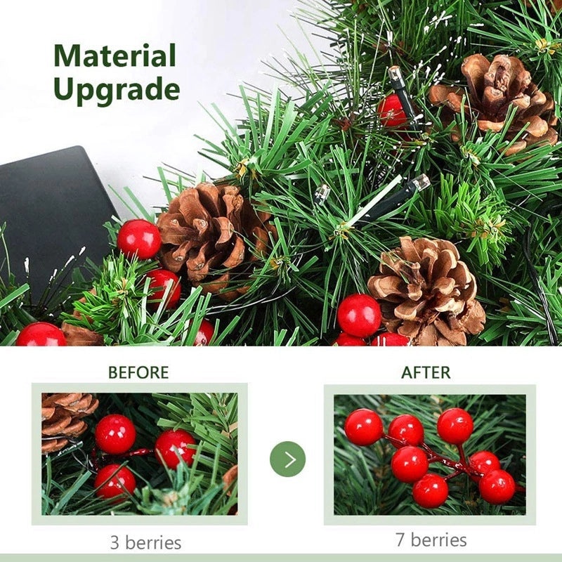 PVC Pine Needle Christmas Garland with LED Pine Cones and Red Rattan Lights|Christmas Decorations