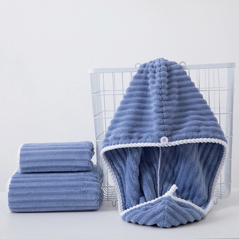 Coral Velvet Corduroy Bath Towel and Shower Cap Set Thick Absorbent Lint-free 3-Piece Household Towel Set|Home Bath Textiles
