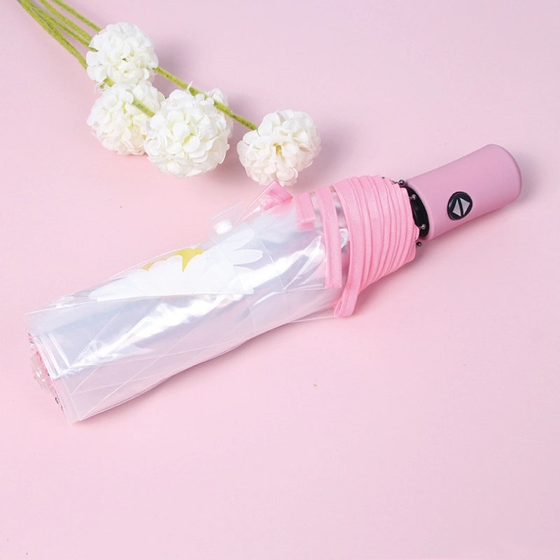 Small Daisy Automatic Folding Umbrella White Transparent Japanese Student Rain Sun Umbrella | Umbrellas & Rain Gear