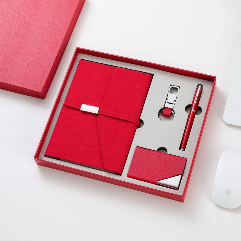 Business Notebook and Name Card Clip Keychain Set with Logo Printed Buckle Notepad Four-piece Office Gift Box | Office Stationery