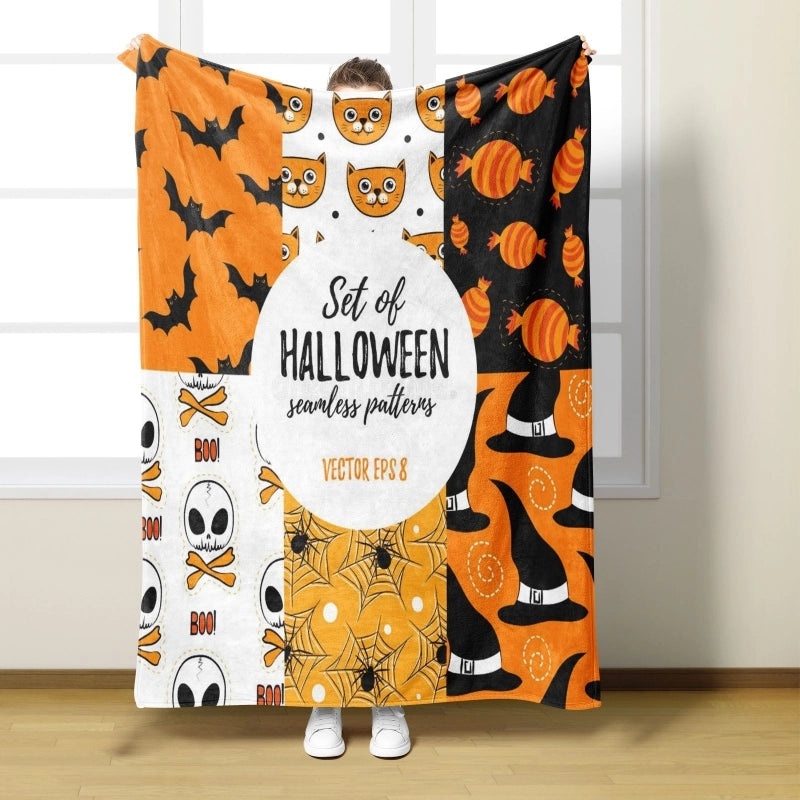 Halloween Cozy Pumpkin Cat Skull Polyester Throw Blanket | Home Decor & Throws
