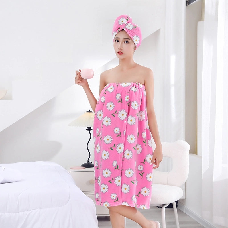 Cute Daisy Print Shower Cap Soft Polyester Cotton Bathrobe and Towels Set|Bath & Body Accessories