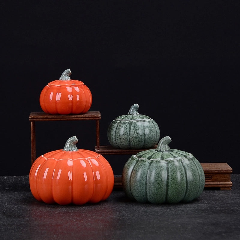 Ceramic Pumpkin Tea Canister Sealed Moisture-Proof Storage Red Green Tea Container with Logo|Kitchen Storage & Organization